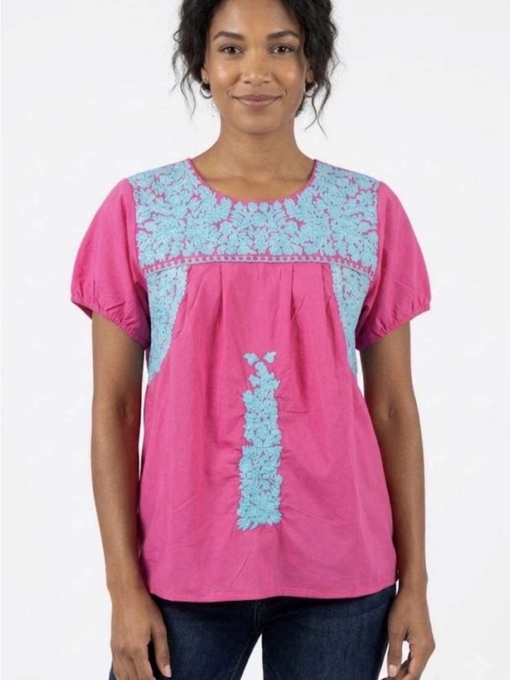 Frances Valentine Hot Pink Short-Sleeve Blouse with Turquoise Embroidery